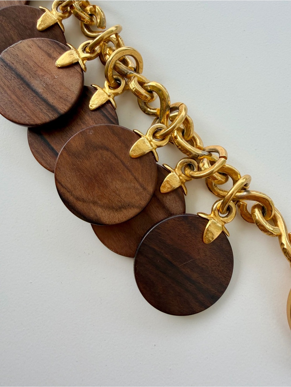 Celine Vintage Gold-Tone Chain Bracelet with Brown Wood Disc Charms - Picture 9 of 13